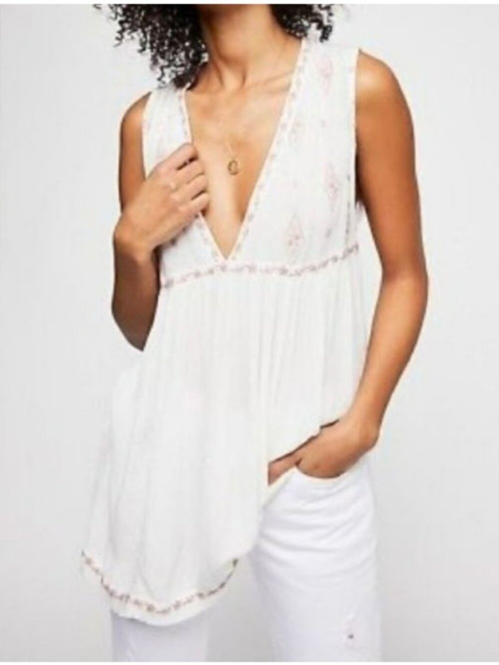 Free People White Sleeveless Top With Pink Embroidered Details Size XS Boho
